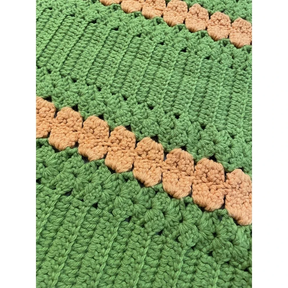Vintage Green Yellow 70s Hand Made Afghan Throw W/ Fringe 60